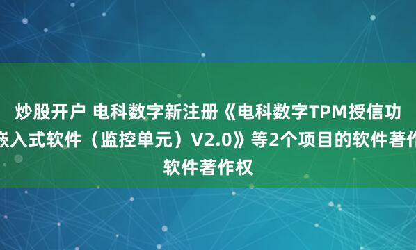 炒股开户 电科数字新注册《电科数字TPM授信功能嵌入式软件（监控单元）V2.0》等2个项目的软件著作权